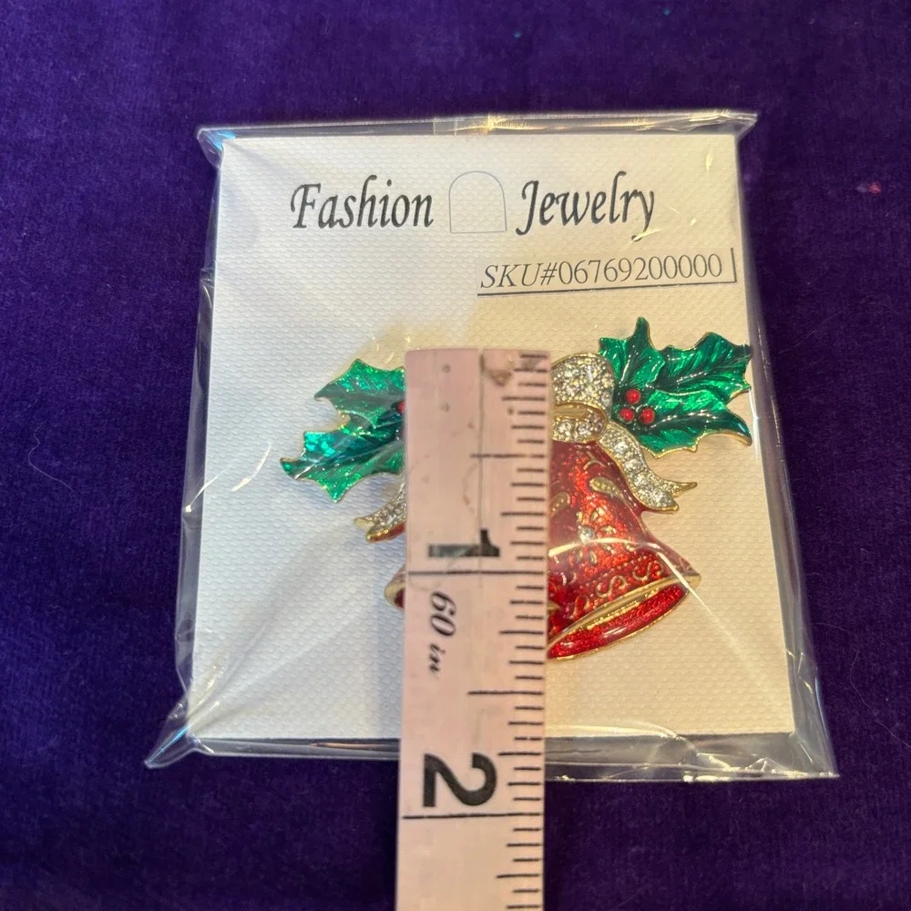 Fashion Jewelry Christmas Bells Bow Enamel Rhinestone Brooch Pin Red Green